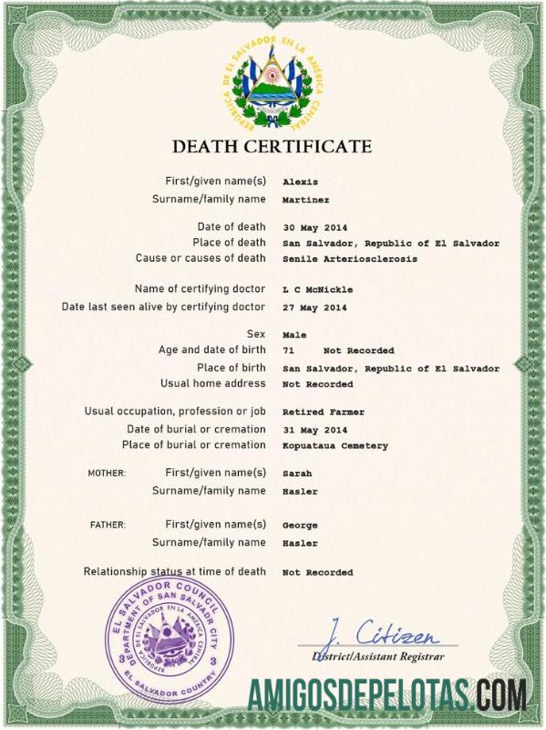 Imprimível modelo PSD de certidão de óbito de registro vital de Salvador